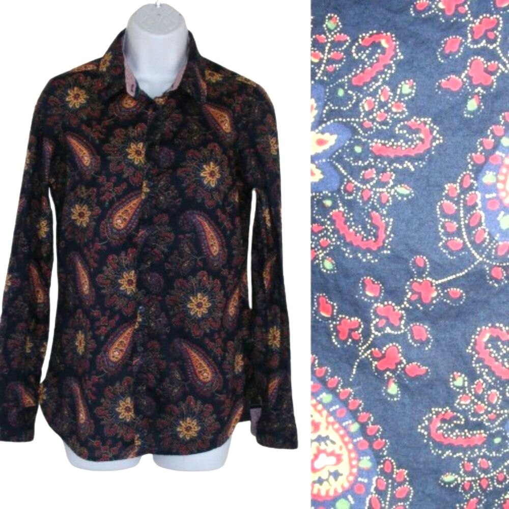 TOMMY HILFIGER Dress Shirt, 6, Fitted, Blue Paisley, buttons, Long sleeves